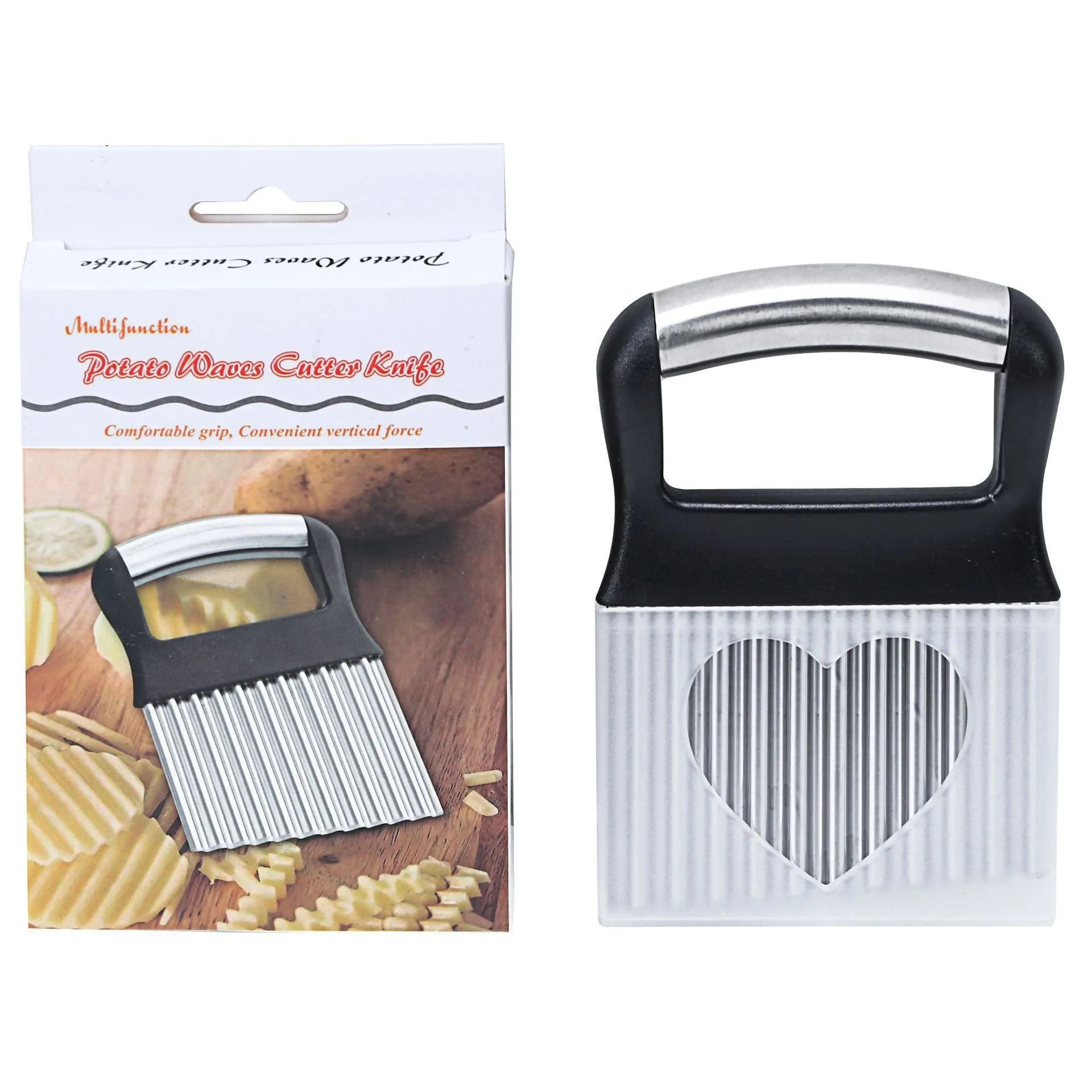 Stainless steel potato wave knife for cutting crinkle chips, shown in black colour.