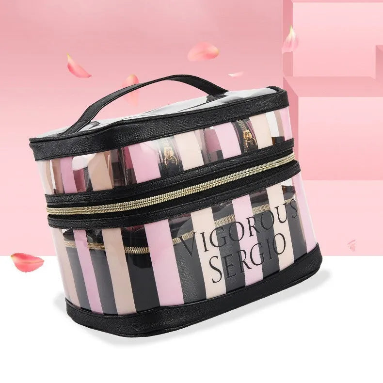 Pink bold stripes pattern professional makeup bag with floral elements and synthetic leather construction
