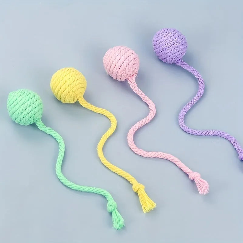 Cat toy ball with rope and bell in green, pink, purple, or yellow colour, small 3cm or medium 6cm size