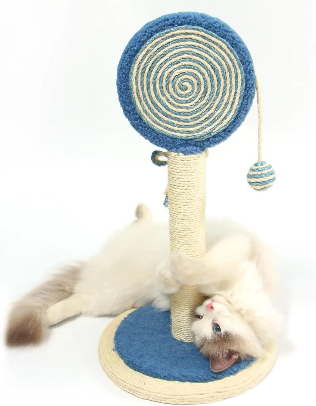 Blue cat scratching post with natural sisal rope, hanging ball, and wide heavy-duty base.