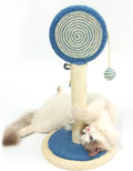 Blue cat scratching post with natural sisal rope, hanging ball, and wide heavy-duty base.