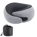 A U-shaped memory foam travel neck pillow in a simple design, shown with its matching storage bag.
