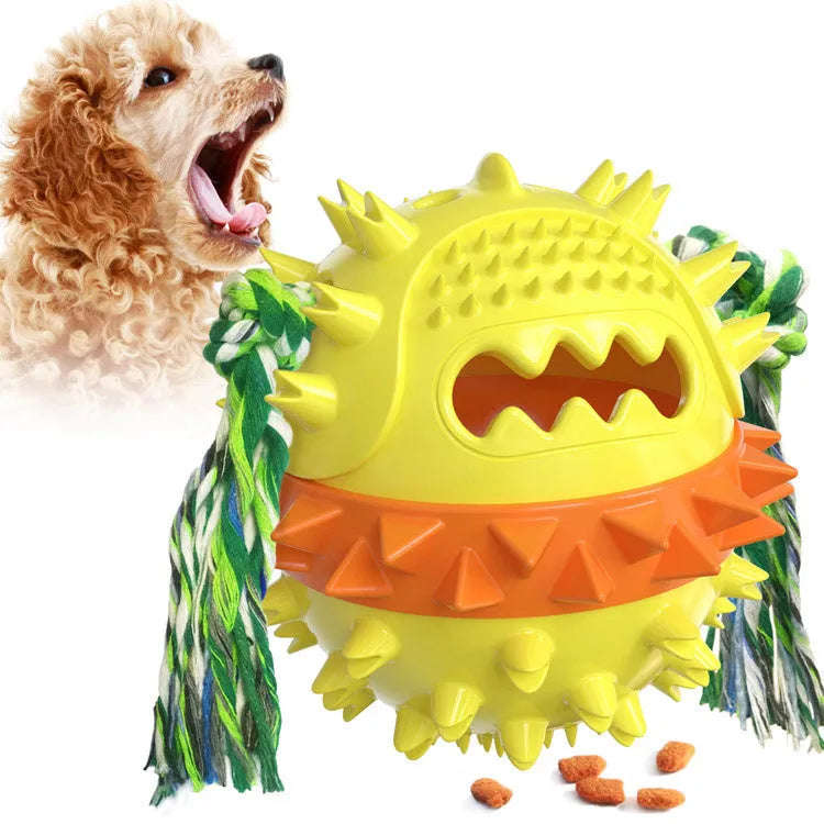 Blue and red bouncy ball dog chew toy with rope and treat hole for aggressive chewers