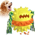 Blue and red bouncy ball dog chew toy with rope and treat hole for aggressive chewers