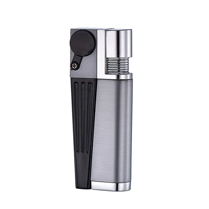 Silver foldable metal pipe lighter shown open, revealing the lighter mechanism and a small stash compartment.