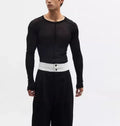 Black women's slim-fit pullover with mesh see-through texture and long sleeves.