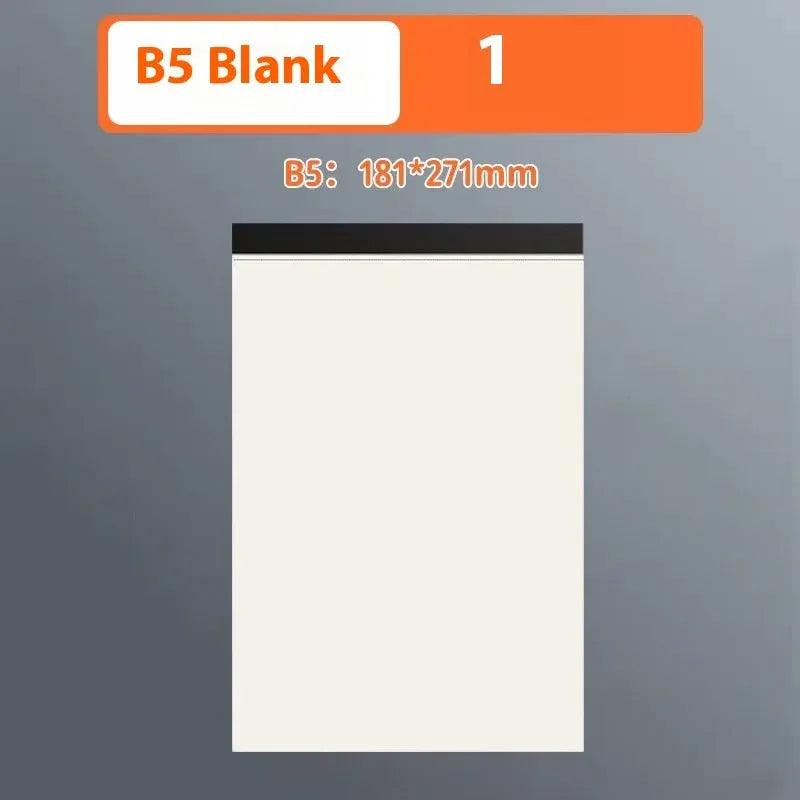 Set of writing pads in A5, B5, and A4 sizes showing blank, grid, and horizontal line page rulings.