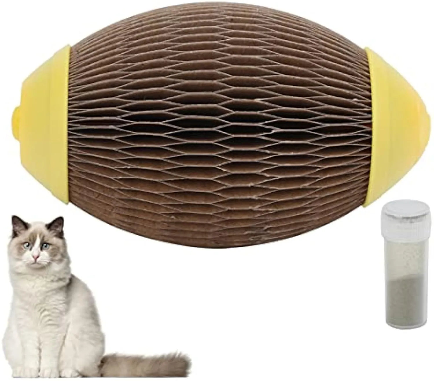 Ellipse-shaped catnip ball toy made from recycled corrugated paper with scratch surface