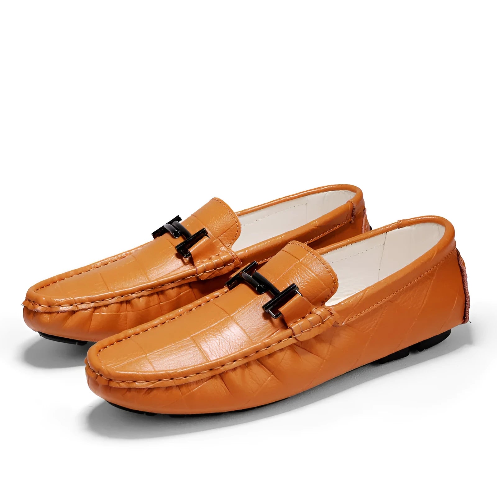 Men's casual leather loafers with belt buckle detail showing black colour option