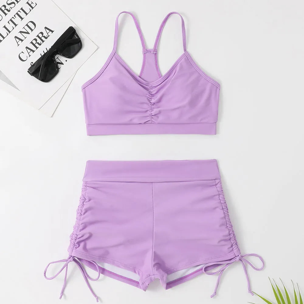 Women's black or purple high waist split swimsuit bikini set with sleeveless top and shorts