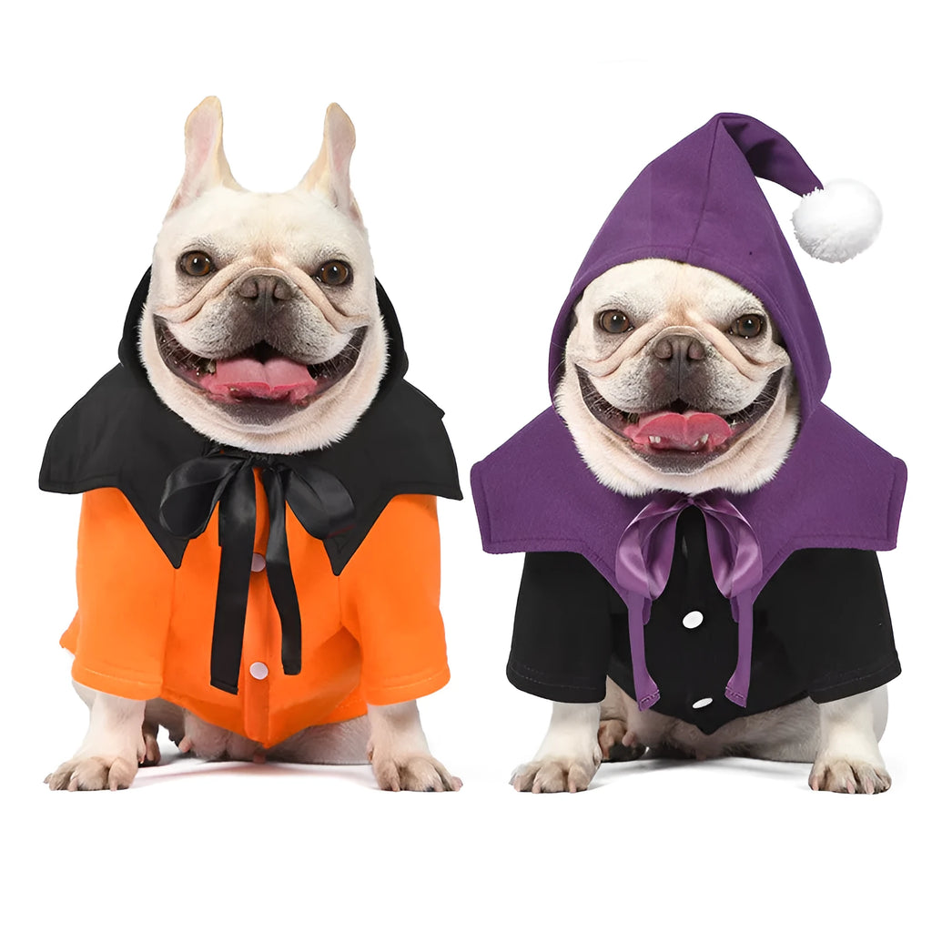 Black and orange Halloween pumpkin themed two-piece dog sweater and shawl set.