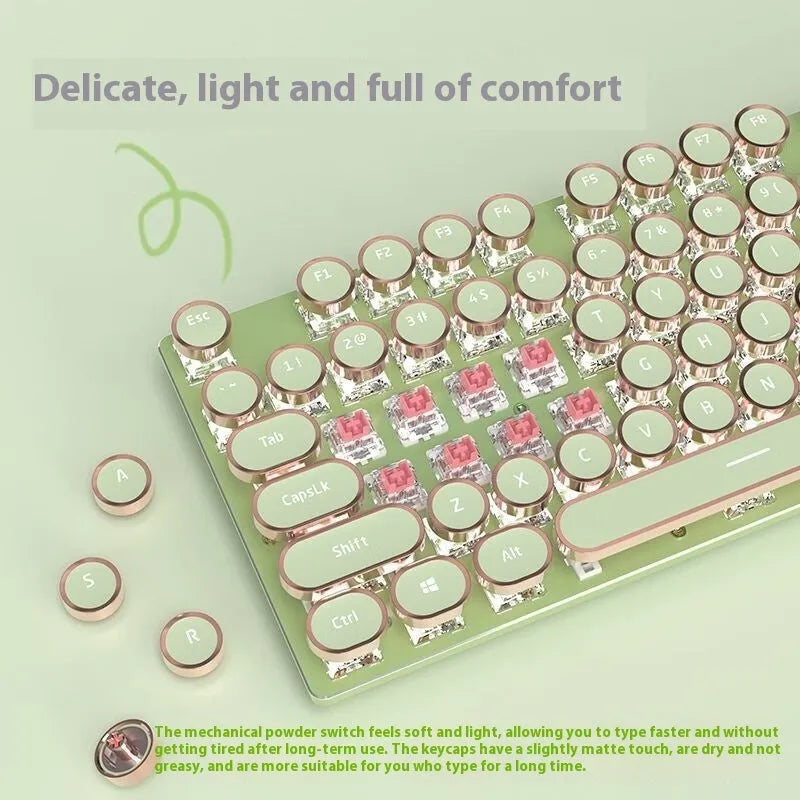 Matcha green mechanical gaming keyboard with white backlighting, aluminium panel, and multifunction knob on desk