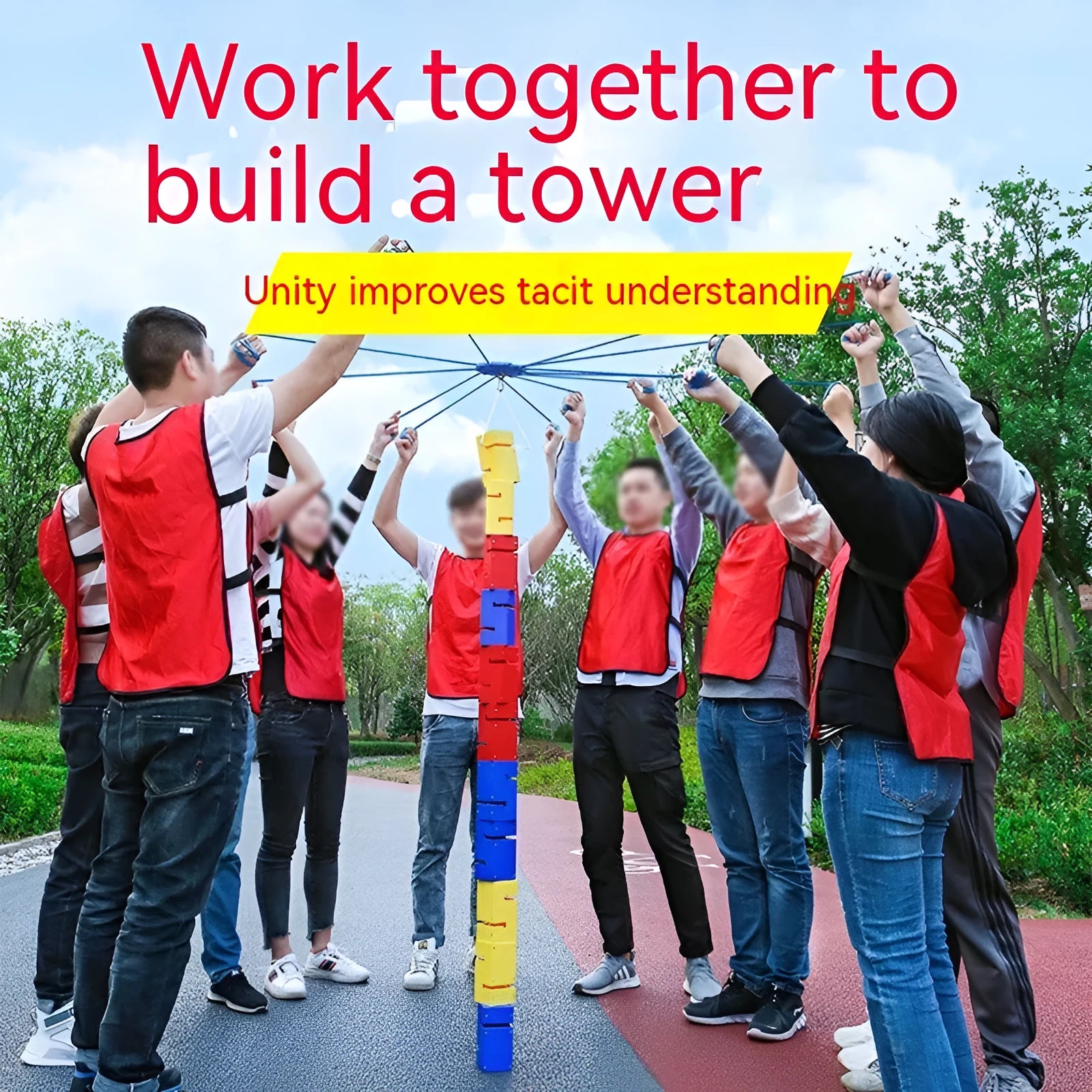 Sports expansion team building equipment with ABS tower blocks and pull ropes for outdoor group activities