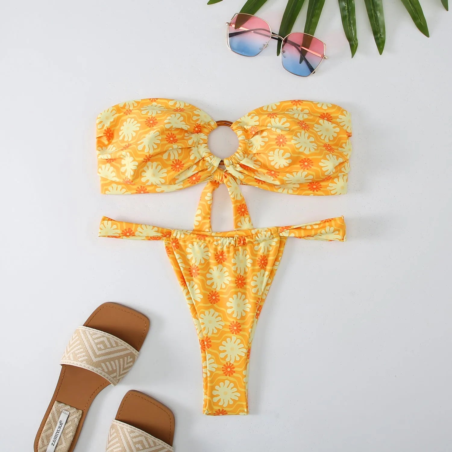 Women's floral printed tube top ring bikini set with backless design and high elasticity fabric