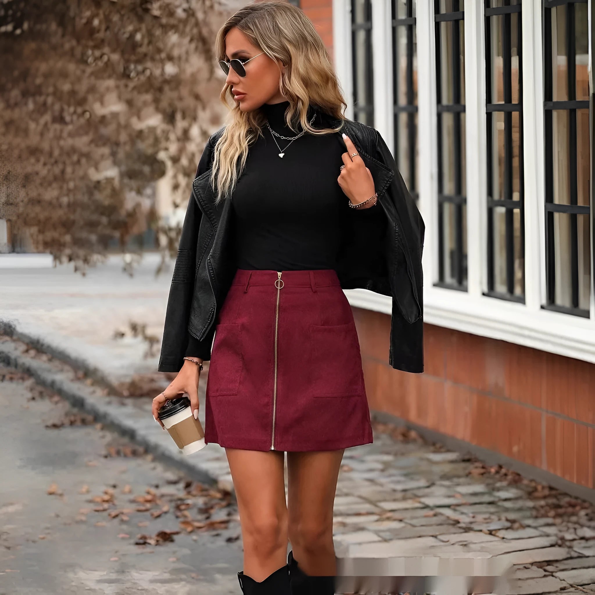 Women's high waist short hip skirt with front zipper in black, camel, brick red, or dark green