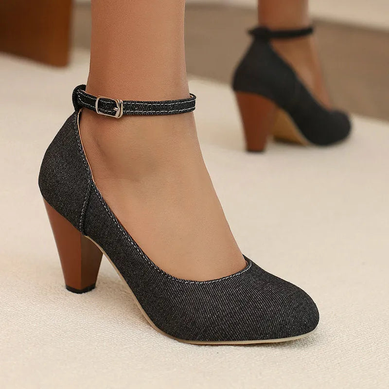 Women's blue denim platform heels with buckle closure and thick 6-8cm heel