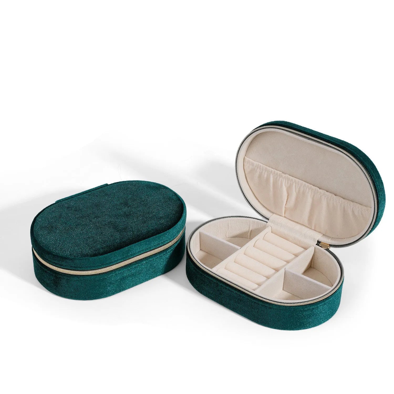 Oval velvet jewellery storage box in lake blue colour with flannel lining, shown with internal hook
