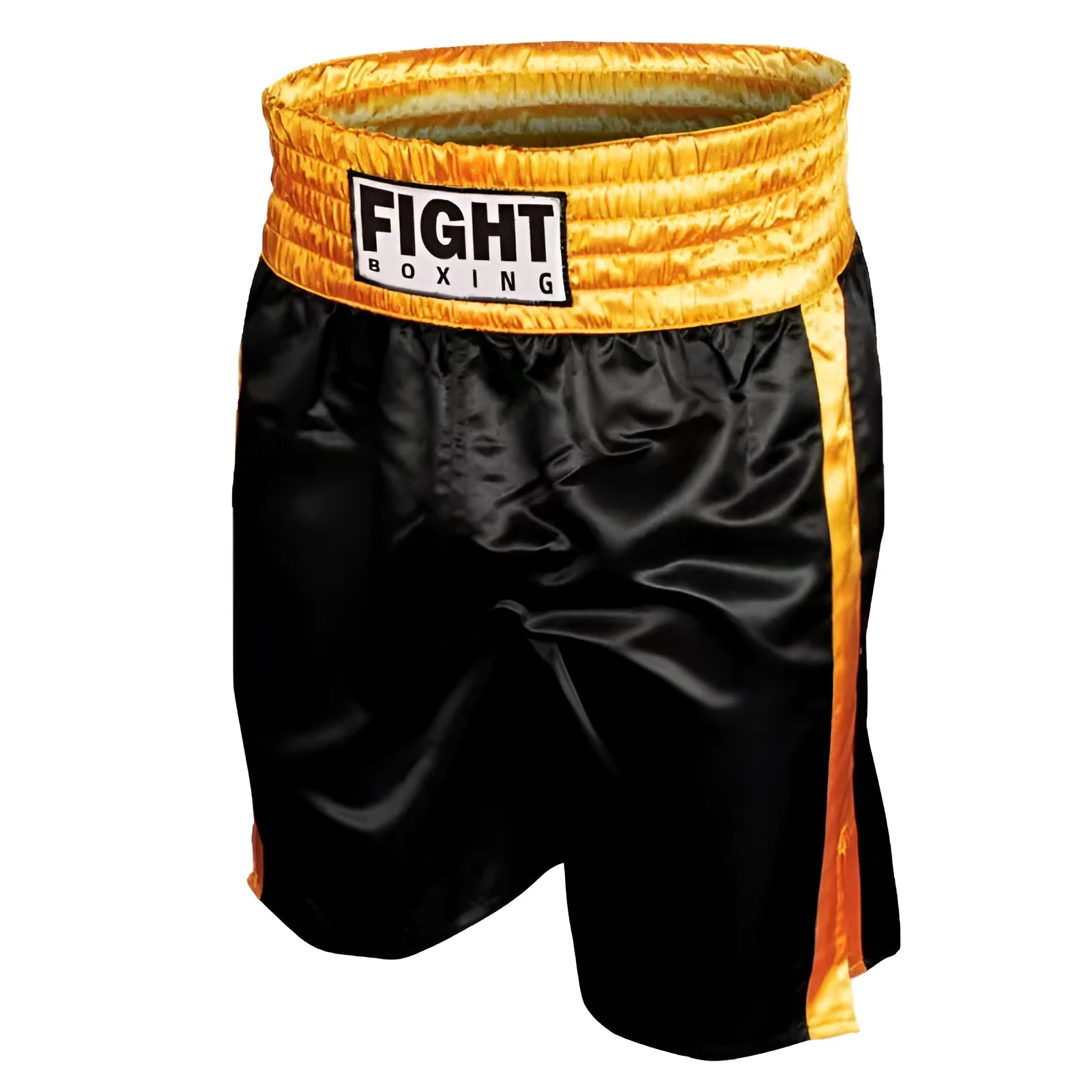 Man wearing black and white striped elastic waist kickboxing shorts in a training stance.