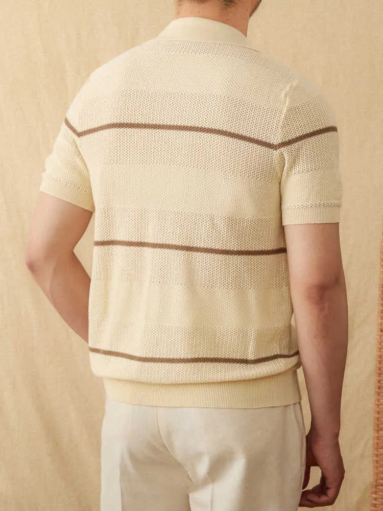 Camel coloured linen cotton short sleeve cardigan with a lapel collar laid flat.