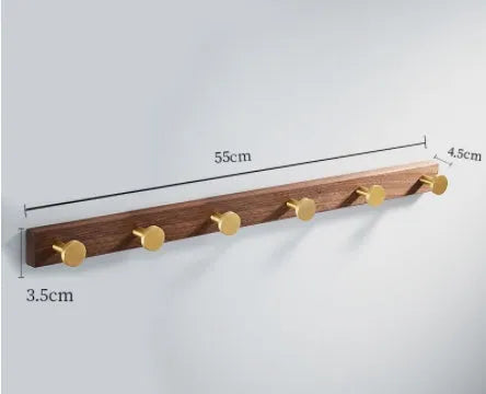 Black walnut style aluminum clothes hooks with brass finish in a row, showing 3, 4, 5, and 6-hook style options.
