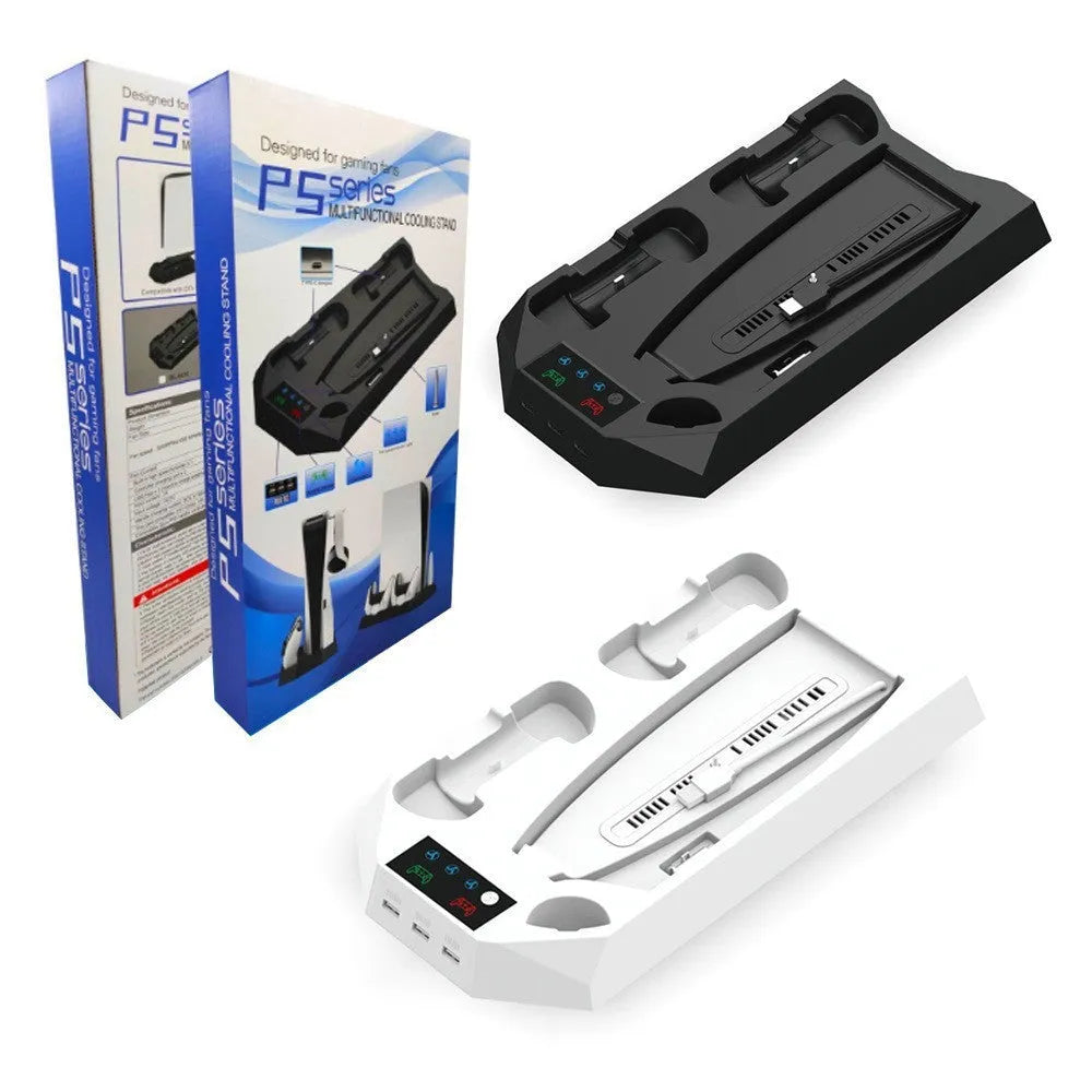 White PS5 charging base radiator with controller and headset storage compartments