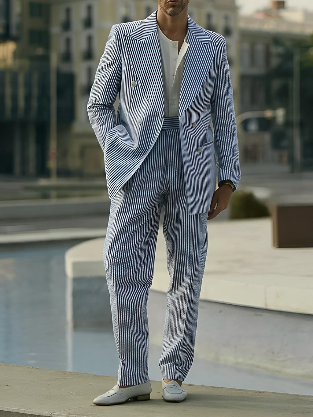 Blue and white striped polyester two-piece suit set with blazer and trousers on a hanger.