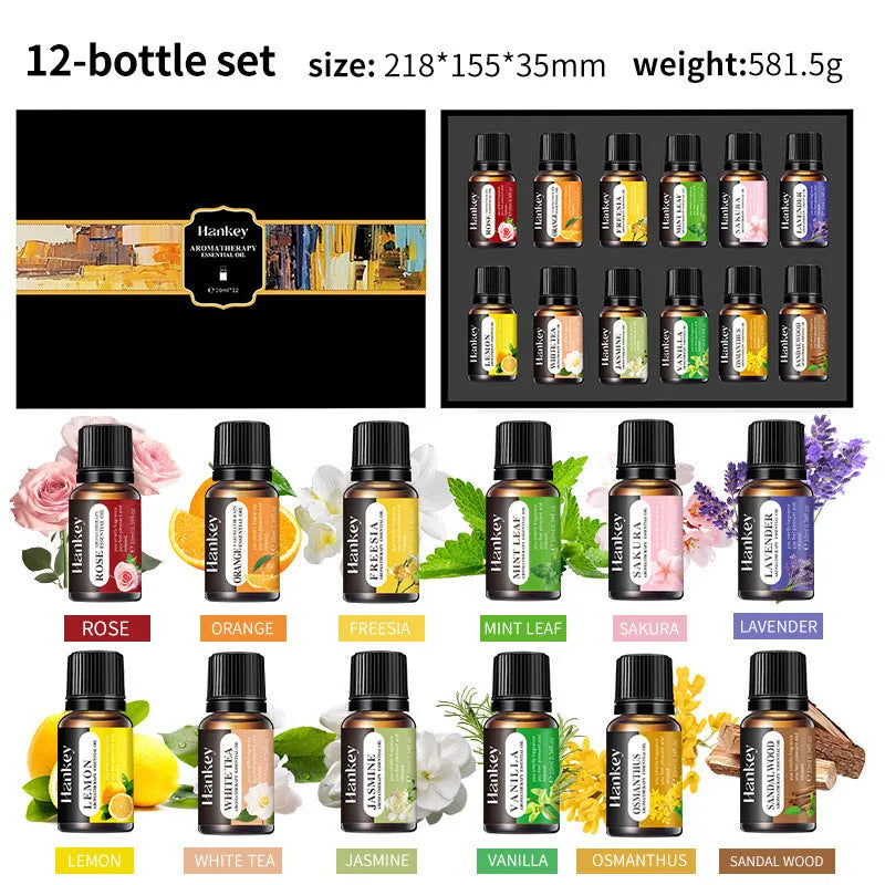 Boxed set of water-soluble aromatherapy essential oil bottles for use in diffusers and sprays