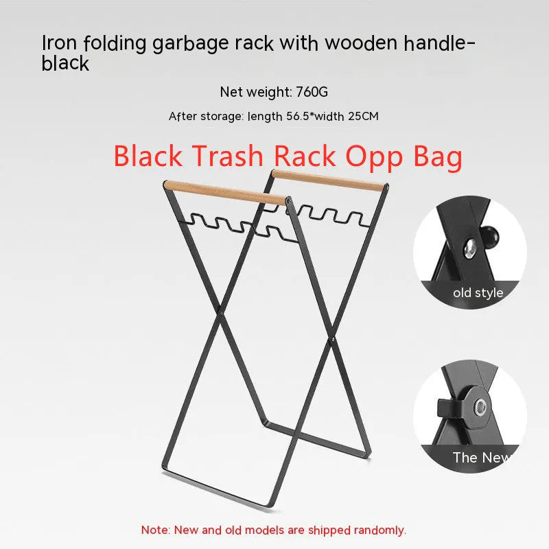 Black folding wrought iron rubbish storage hanger with wooden handle for outdoor use