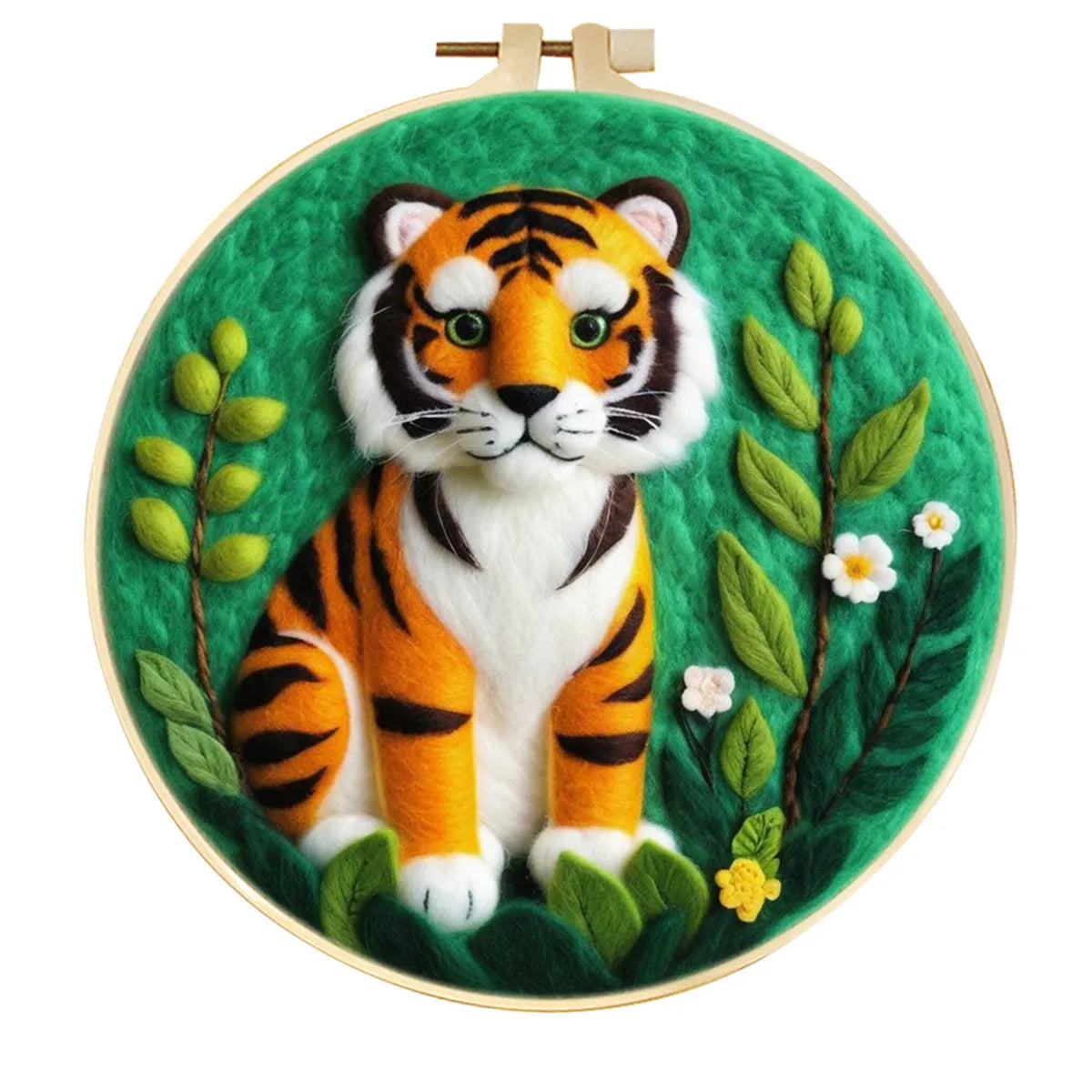 Round linen embroidery kit with wool felt pieces for 3D flowers and leaves, includes a free frame.