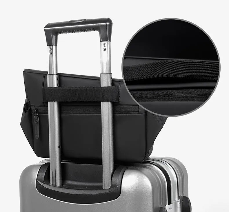 Men's grey PU crossbody chest bag showing zipper opening and adjustable shoulder strap.