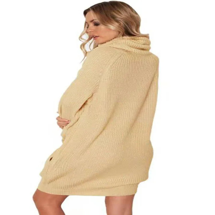 Women's pullover sweater with loose lapel and side pockets in slim mid-length fit
