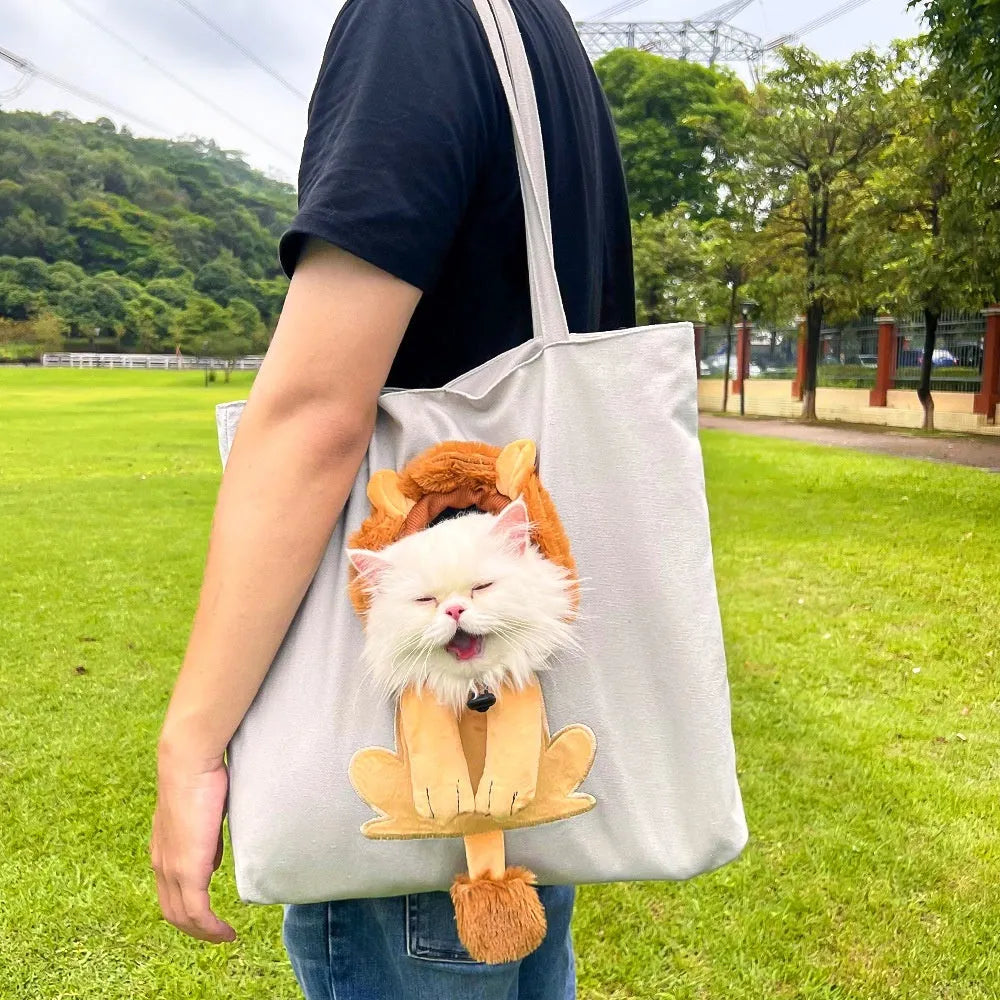 Canvas pet carrier backpack with cartoon design for shoulder carrying of cats and small dogs