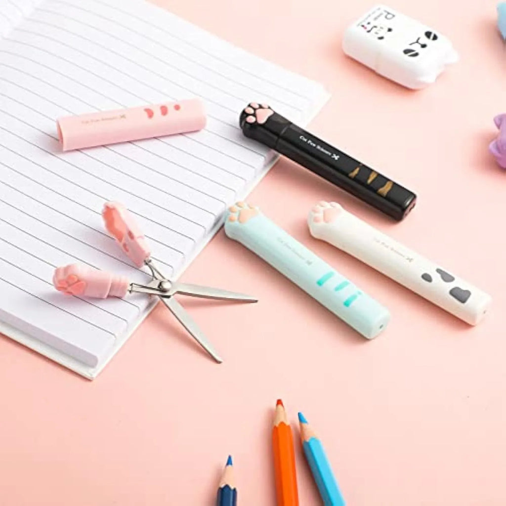 Cat paw mini folding scissors in four colours showing stainless steel blades and compact 8.7cm size