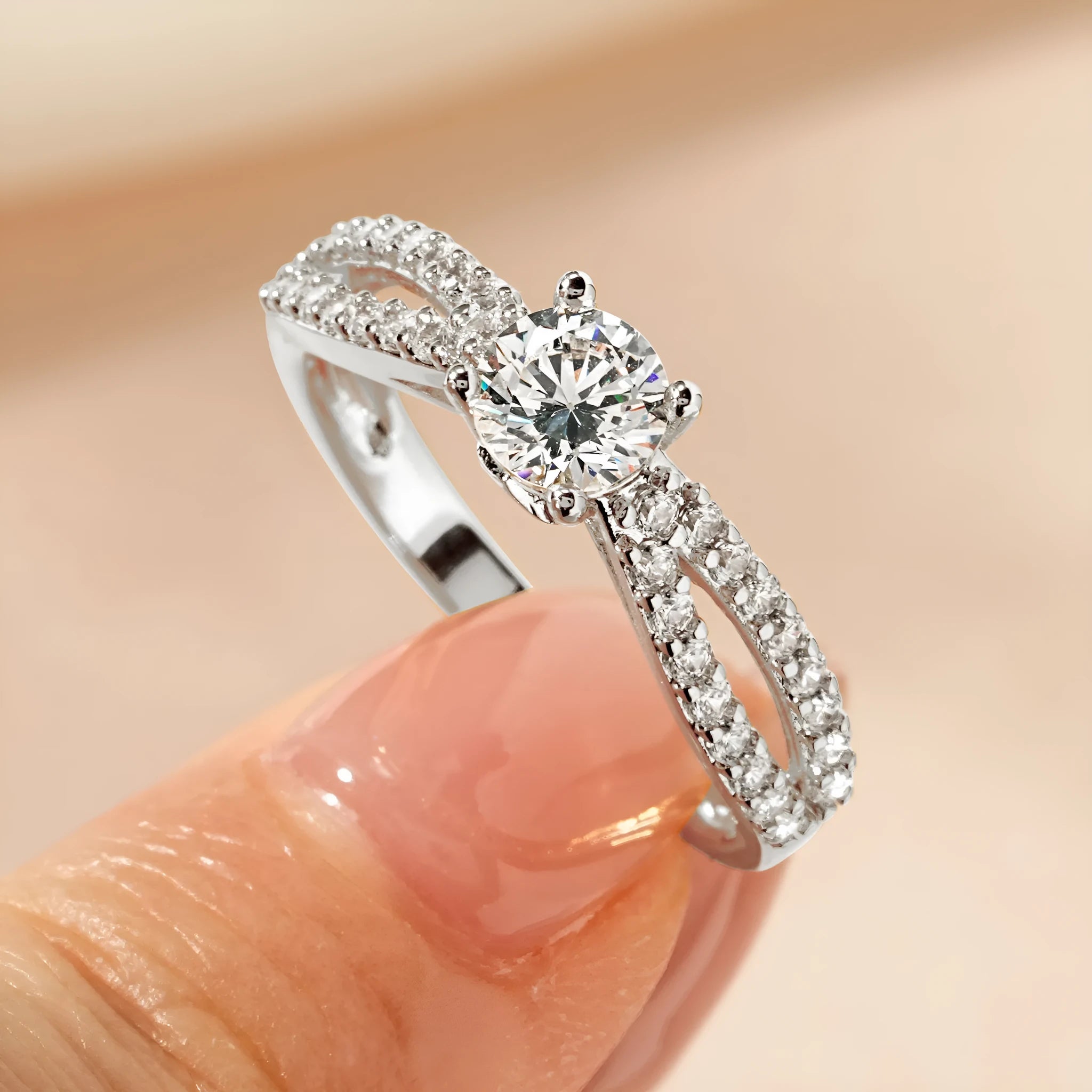Women's geometric zircon ring in copper with electroplated finish, available in heart, split-arm, and star designs