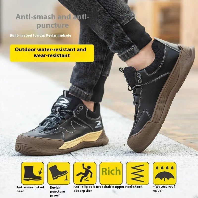 Flyknit safety work shoes with leather upper and rubber sole in black, khaki, gray, or insulated brown options