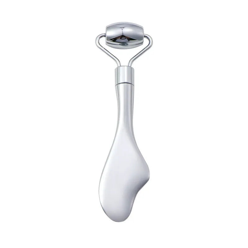 Stainless steel facial massage set with double-headed roller and heart-shaped scraping plate