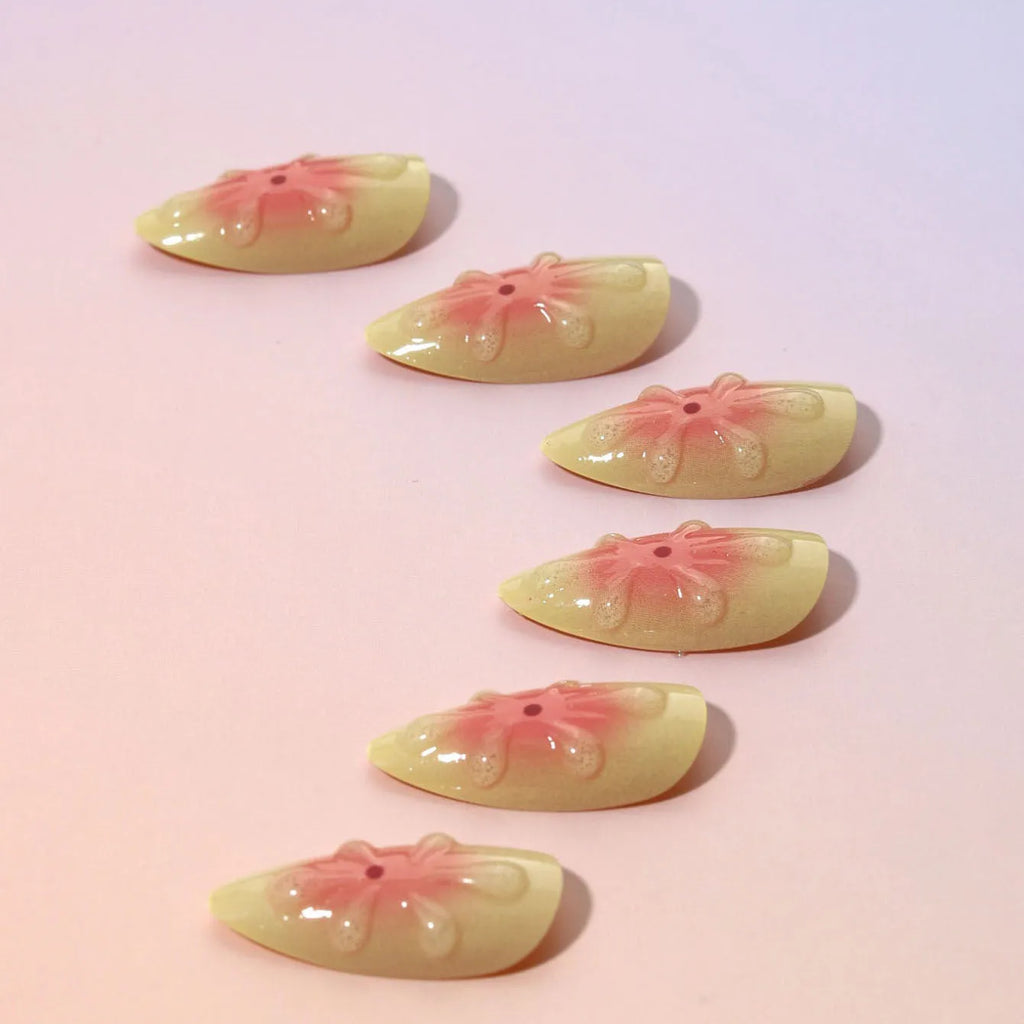 Set of detachable plastic false nails with 3D cartoon flower design, colour TY-318, with glue and file.