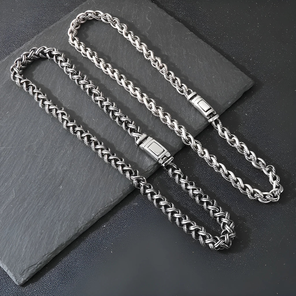 Men's titanium steel keel chain necklace with geometric links in antique silver finish
