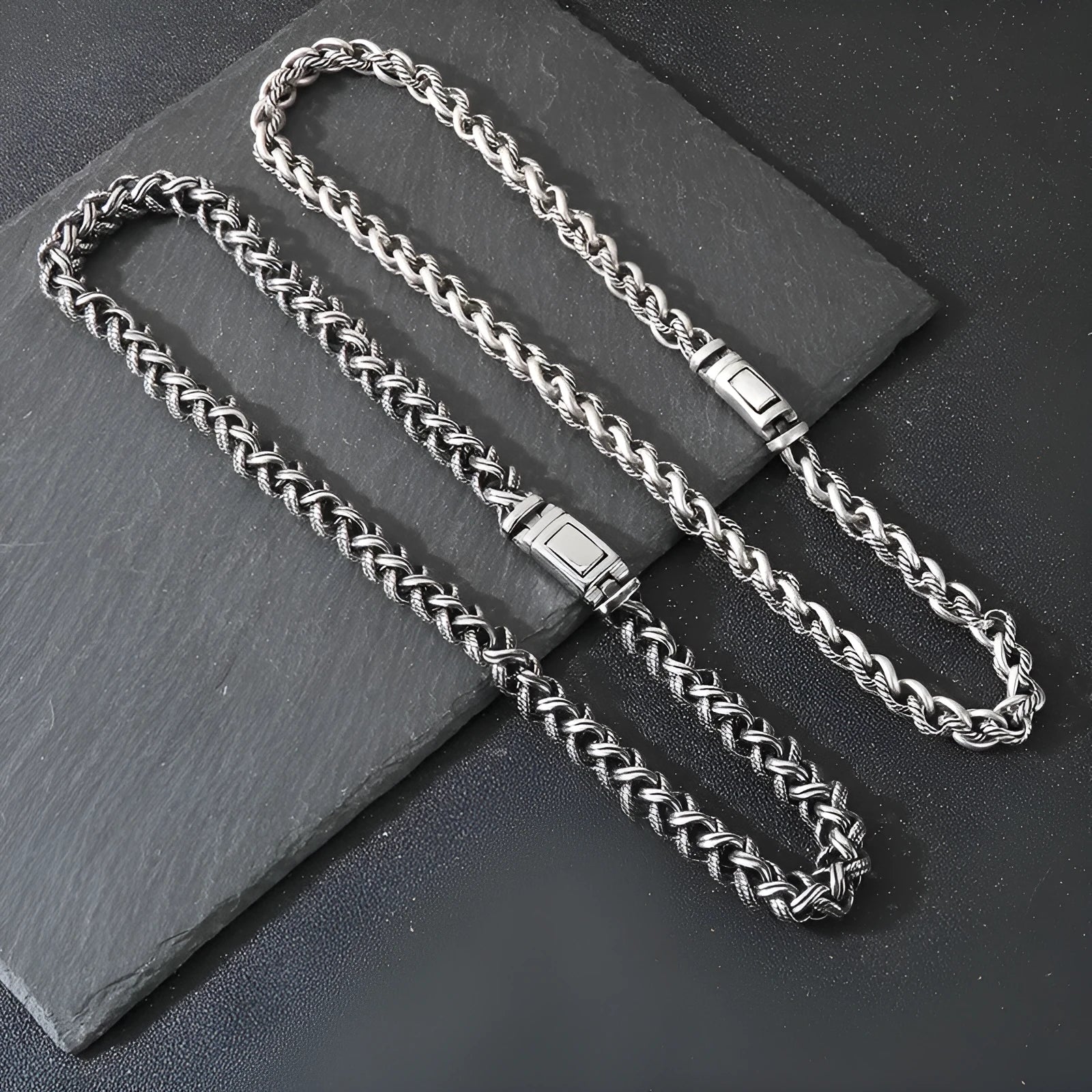 Men's titanium steel keel chain necklace with geometric links in antique silver finish