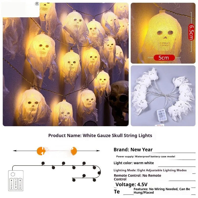 Battery-powered Halloween coloured LED string lights with plastic shell for indoor wall decoration.