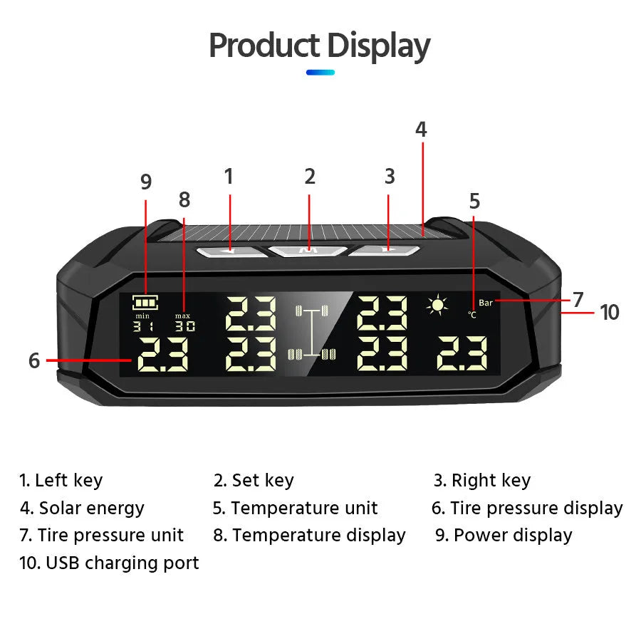 Solar external tyre pressure monitor system for six tyres with colour digital display for trucks and RVs