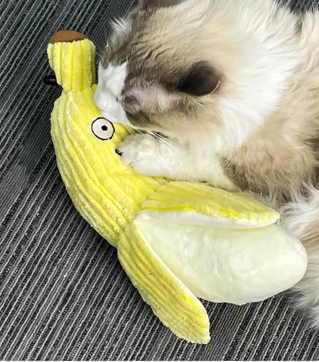 Yellow banana-shaped cat toy with crinkle paper and catnip for indoor cat play