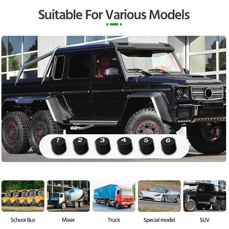 Solar external tyre pressure monitor system for six tyres with colour digital display for trucks and RVs