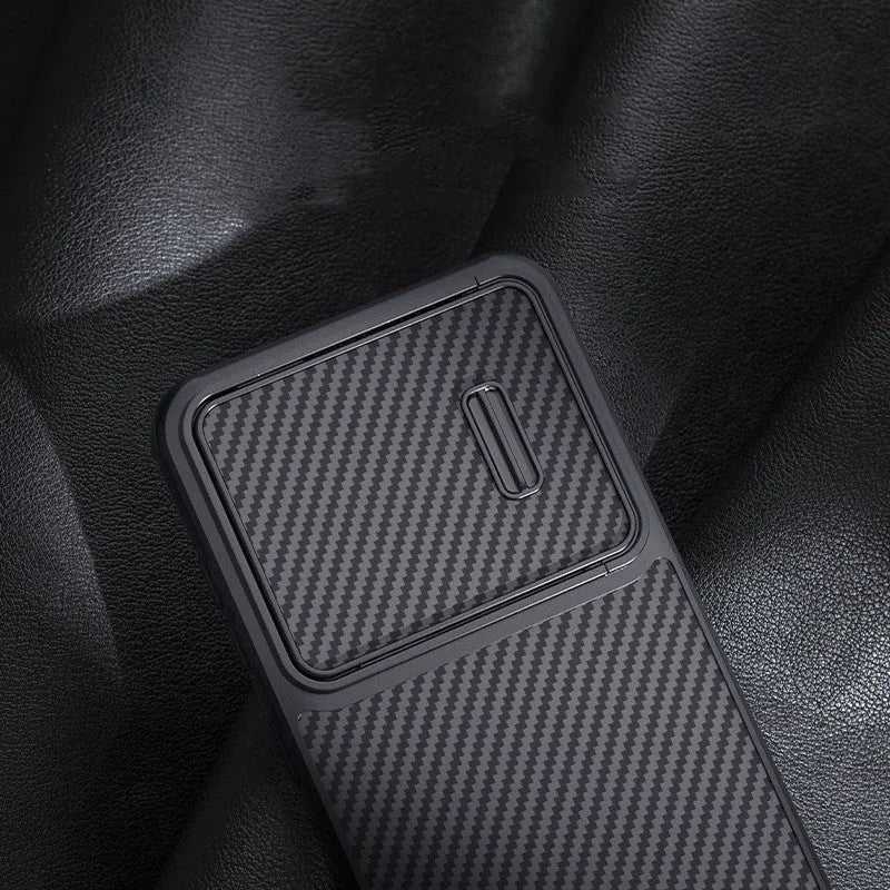 Black Samsung S23 Ultra phone case with lens push cover and carbon fibre elements