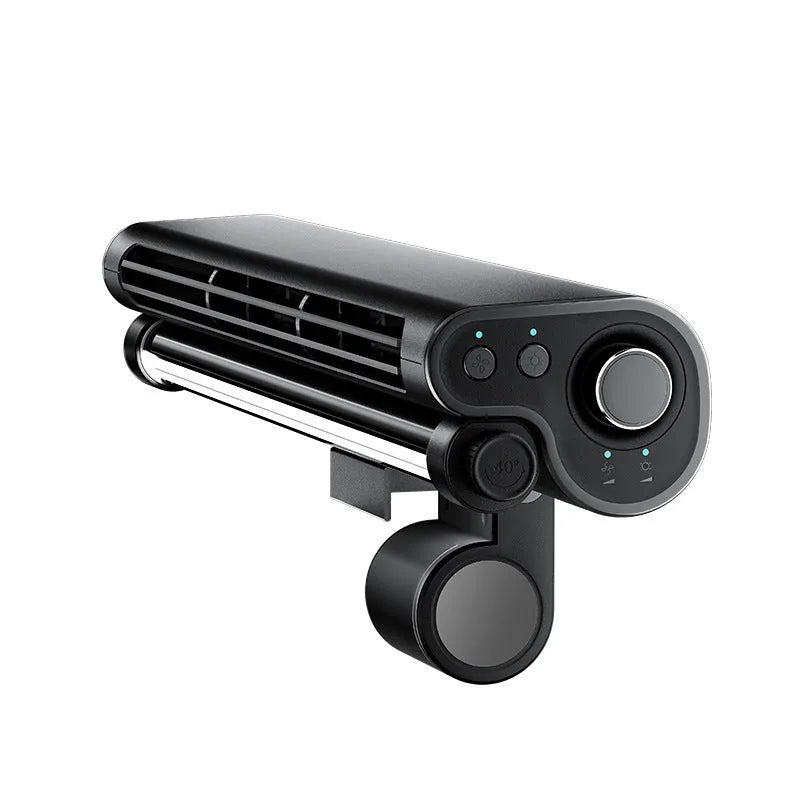 Black bladeless USB fan with clip attachment and integrated lighting lamp for computer screens