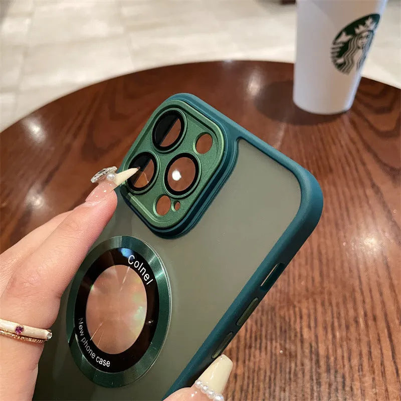 Frosted blue magnetic shockproof phone case for Apple iPhone 15 Pro Max shown on a table.