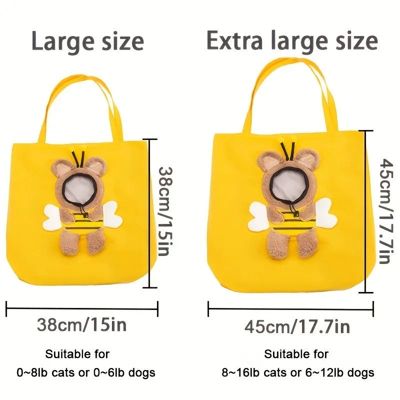 Little Bee Design canvas pet carrier shoulder bag with safety zippers and an adjustable elastic head opening for a cat or small dog.