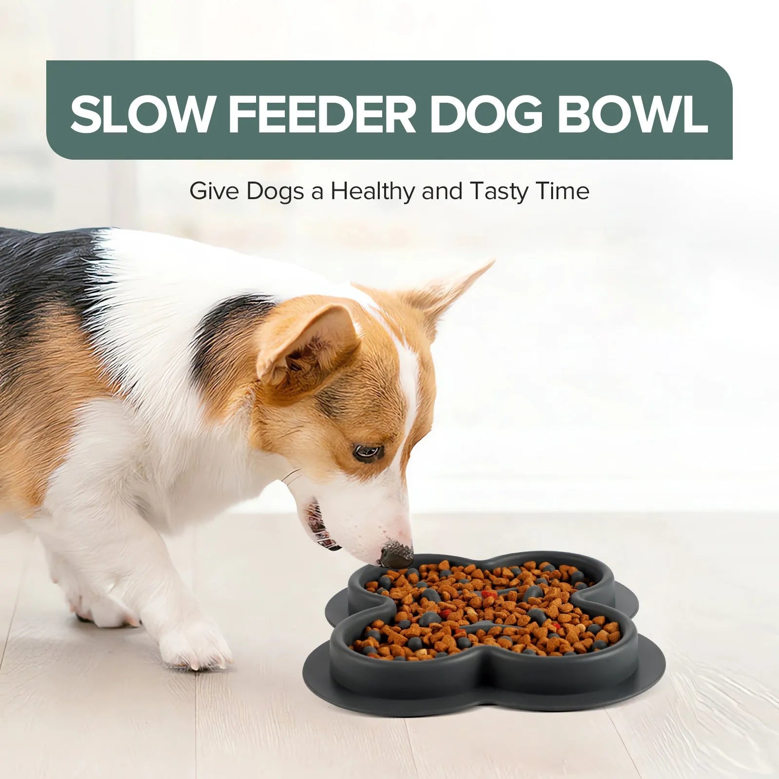 Silicone pet slow feeder licking mat with raised edges in assorted colours on a kitchen floor.