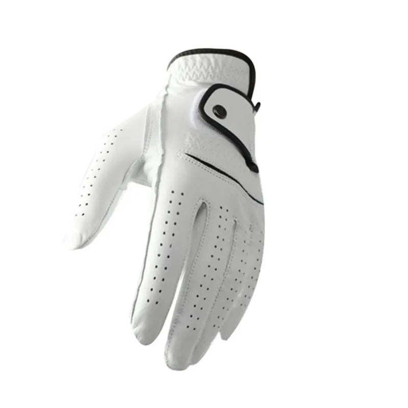 Men's white half sheepskin golf gloves showing palm grip detail and size tags