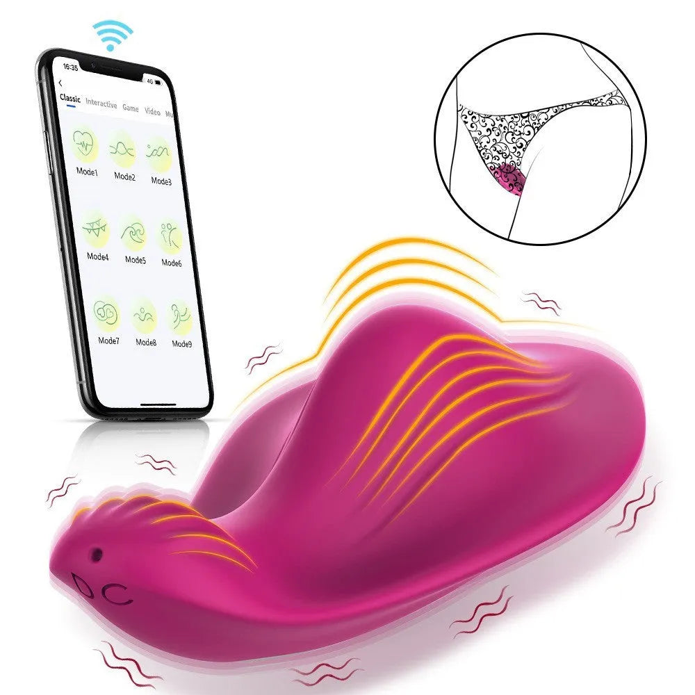 Rose red app-controlled wearable female massager with silicone construction and USB charging port